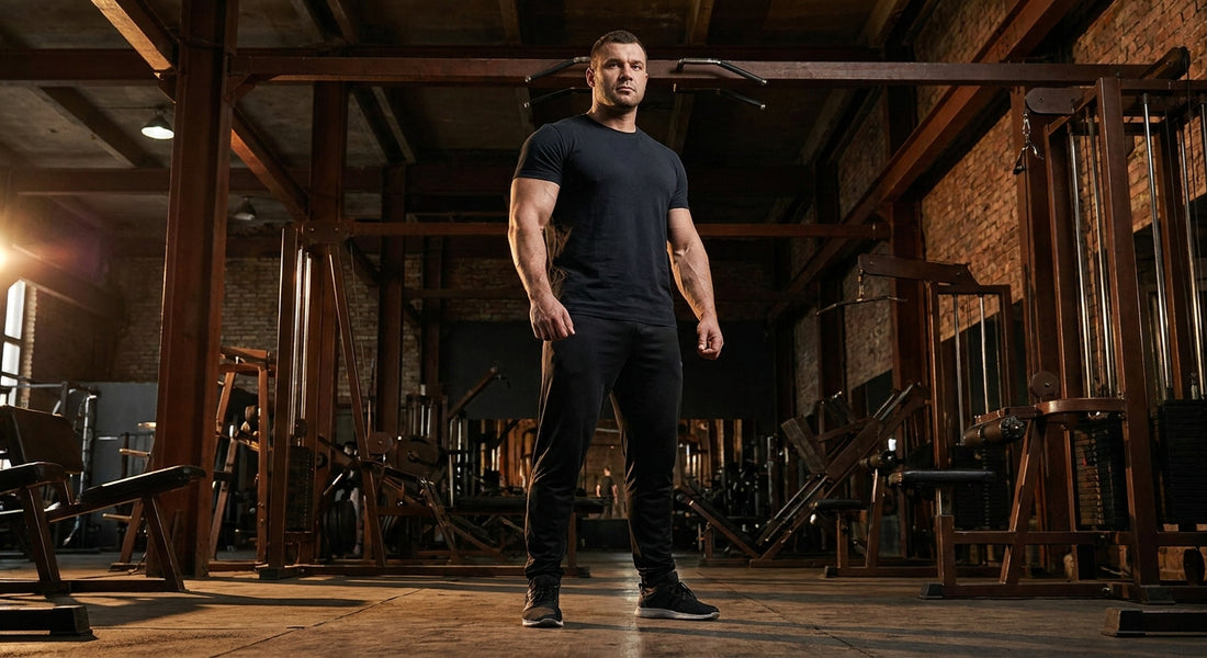 A large-framed man standing with corrected upright posture in a dimly lit gym, photographed from a low angle to convey strength and confidence.